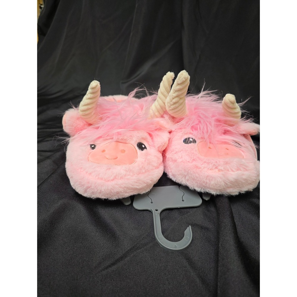 Cedarwood Threads Pink Highland Cow Plush Slippers Faux Fur Size 6/7 New
